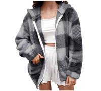 Warm Winter Coats for Women Fleece Jackets Women Comfortable Plus Size Tartan Coats Soft Plush Fluffy Hoodies Casual Cropped Pockets Jacket Loose Think Tops Warm Coat Fleece Zip Up Dark Gray 4XL