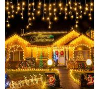 (Warm Yellow, 10M) Solar-Powered LED Icicle String Lights with Remote Control