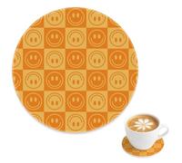 Warm Yellow Faces Check Waterproof Cup Coaster 2 Pack, Bright Orange Smiles Faces Round Coasters for Table, Outdoor Drink Mat Tabletop Protection Decor, Gift for Boyfriend Grandad, 4 Inch