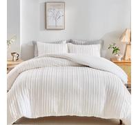 WARMDERN Duvet Cover Set 3 Piece Tufted Queen Duvet Cover Set White Microfiber Boho Bedding Set with Zipper Closure Wavy Stripes Duvet Cover and 2 Pillowcases (Queen, White)