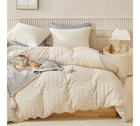 WARMDERN Duvet Cover Set Queen Size, 3pcs Washed Microfiber Beige Bedding Set, Soft Breathable Striped Textured Seersucker Duvet Cover with Zipper Closure & Corner Ties(Beige, Queen)