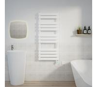 Warmehaus 1200x500mm White Flat Panel Electric Towel Rail Timer 600W | Designer, Thermostatic, Prefilled, Child Lock, LCD Display, Dual Fuel, Energy Efficient, Bathroom Towel Radiator, Kitchen