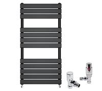 Warmehaus 1200x600mm Heated Towel Rail Radiator Ladder Flat Panel Black | Angled TRV Thermostatic Radiator Valve Set, Central Heating Radiators for Bathroom Kitchen, Minimalist