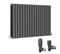 Warmehaus 600 x 1004mm Anthracite Double Oval Column Horizontal Radiator with Thermostatic Valves Set