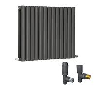 Warmehaus 600 x 768mm Anthracite Double Oval Column Horizontal Radiator with Thermostatic Valves Set