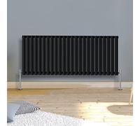 Warmehaus 600x1416mm Slimline Horizontal Radiators Black Single Modern Wall-Mounted or Floor Standing Oval Panel Radiator
