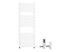 Warmehaus Bathroom Flat Panel Heated Towel Rail Radiator 1200x450mm White | Angled TRV Thermostatic Radiator Valve Set, Modern Central Heating Radiator Warmer, Minimalist