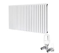 Warmehaus Designer 600 x 1417mm Column Radiators White Double Oval Column Horizontal Radiator with Angled Thermostatic Valves Set