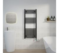 Warmehaus Electric Towel Rail Curved Black Thermostatic Timer 1200x500mm | 4 Timer Settings, LCD Display, Child Lock, T Piece, Prefilled, Ladder Style, Towel Warmer Radiator for Bathrooms