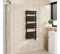 Warmehaus Flat Panel Electric Towel Rail Touch Screen Black 1200x500mm | Timer, Thermostatic, Mild Steel, 3 Operating Modes, LCD Display, Dual Fuel, Bathroom Ladder Radiator, Prefilled