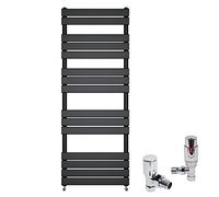 Warmehaus Heated Towel Rail Radiator Ladder Flat Panel Black 1600 x 600mm Central Heating Radiators for Bathroom Kitchen - with Angled TRV Thermostatic Radiator Valve Set