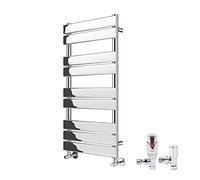 Warmehaus Minimalist Bathroom Flat Panel Heated Towel Rail Radiator Ladder Rad 1000×450mm Chrome Modern Central Heating Radiator Warmer with Angled TRV Thermostatic Radiator Valve Set