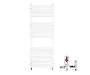 Warmehaus Minimalist Bathroom Flat Panel Heated Towel Rail Radiator Ladder Rad 1200×450mm White Modern Central Heating Radiator Warmer with Angled TRV Thermostatic Radiator Valve Set