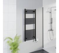Warmehaus WiFi Electric Curved Heated Towel Rail Timer 1200x500mm Black | Thermostatic, Smart LCD Display, Child Lock, T Piece, Prefilled, Electric Heated Towel Rail Warmer, Mild Steel