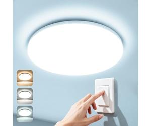 WARMELLE Bathroom Light,3 Color Temperature LED Ceiling Light 3000K/4000K/6500K,17W,2335LM,IP65 Waterproof,by Wall Switch,No Flicker,CRI>80,Flush Ceiling Light for Kitchen,Hallway,Garage - Ø22cm