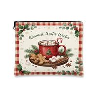 Warmest Winter Wishes Cocoa Mug Gingerbread Biscuit Makeup Bag 7x9 Inch | Buffalo Plaid Border, Cosmetic Bag, Hot Cocoa Theme, Holly Branch Accents, Seasonal Quote, Zippered Organization