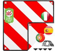 Warmfay 3 in 1 Warning Board for Italy, Spain & Portugal, 50×50 cm Aluminium Red & White Reflective Warning Sign with 4 Tension Cords, for Bike Rack, Rear Carrier, Car & Motorhome