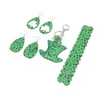 Warmhm 2 Pairs St Patrick's Day Jewelry Set for Women Leather Earrings with Key Chain and Bracelet Classic Festival Colors Durable Skin Friendly Accessories for Daily Wear and Costume