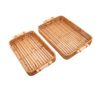 Warmhm 2pcs Handmade Rattan Woven Serving Tray with Dual Handles Rectangular Decorative Basket for Bread Fruit Snacks Fresh Storage Portable Organizer for Coffee Table and Home Use
