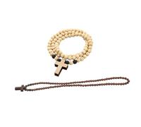 Warmhm 2pcs Men’s Wooden Beaded Necklace Set with Cross Pendant, Short Wood Bead Chains in Brown and Natural Colors, Christian Jewelry for Casual and Hip Hop Style
