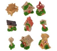 Warmhm 9pcs Miniature Resin Village Houses and Tree Trunk Decor Set with Mini Chairs and Mailbox Figurines for Fairy Garden, Bookshelf and Desk Micro Landscape Decoration
