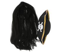 Warmhm Halloween Pirate Costume with Black Long Wig and Classic Pirate Hat Vintage Style Cosplay Accessory for Men and Women Durable and Comfortable Party Prop for Masquerade and Theme