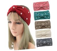 Warmhm Knitted Woolen Winter Headband with Pearl Bowknot Thick Cozy Hair Band for Women Warm Crochet Headwrap for Outdoor Activities and Cold Weather Beige Fashion Accessory