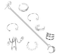 Warmhm Pearl Clip On Earrings Non Piercing Ear Cuff for Women and Men 8Pcs Adjustable Ear Bone Clips Dangle Chains Elegant Jewelry for Casual and Party Wear