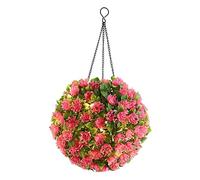 Warmhm Pink Flower Grass Artificial Topiary Ball with Solar LED Light Hanging Garden Patio Wedding Outdoor Decoration Faux Plant Sphere Lamp Iron Globe 42.5x22cm Warm White