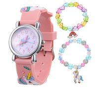 Warmhm Quartz Watch and Bracelet Set for Pink Unicorn Rainbow Strap Heart Beads and Pearl Charm Bracelets Comfortable Silicone Band Accurate Daily Wear and Parties