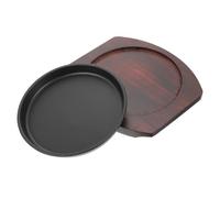 Warmhm Round 18cm Thickened Nonstick Steak Plate and Iron Grill Pan Wooden Base, Household Hot Serving Dish for Barbecue and Teppanyaki Cooking