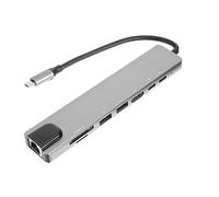 Warmhm Silver 8-in-1 USB Hub with 4k 30hz Video Output, USB 2.0, and Rj45 100m Ethernet Ports, Lightweight Aluminum Alloy Multi-functional Data Transfer Adapter for Computer Accessories