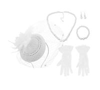 Warmhm Vintage Wedding Tea Party for Women Lightweight Fascinator Hat with Veil Soft Lace Gloves Pearl Necklace Earrings Bracelet Elegant Victorian Style Headwear for Church and Formal