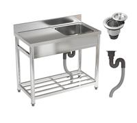Warmiehomy 100x50x80cm Commercial Restaurant Sink with Storage Shelf, Stainless Steel Restaurant Kitchen Sink Catering with Drain & Backsplash, No Tap