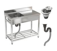 Warmiehomy 100x50x80cm Stainless Steel Restaurant Kitchen Sink with Drain & Backsplash, Commercial Restaurant Catering Sink Free Standing Outdoor with Storage Shelf & Tap Hole, No Tap