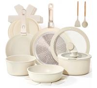 Warmiehomy 17-Piece Pots and Pans Set Non Stick, Detachable Handle | Induction Cookware Set, Stackable Aluminium Pans with Ceramic Coating, Lids, Oven Safe, Cream White