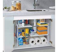 Warmiehomy 2 Tier Extendable Sink Shelf Adjustable Under Sink Rack Multifuctional Storage Rack Stainless Steel Tubes for Kitchen Bathroom Cabinet ((50-70) x26.5x39cm)