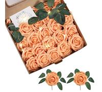 Warmiehomy 25Pcs Artificial Roses with Stem, Orange Fake Rose Flowers, Faux Foam Roses with Light & Gift Card for Mother's Day Wedding Bridal Bouquets Centerpieces Arrangement Party Home Decoration