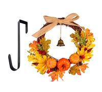 Warmiehomy 30cm Autumn Wreath with Hanger & LED Light, Front Door Fall Halloween Wreath Autumn Decorations with Pumpkins Pine Cones Maple Leaves Bells for Harvest Thanksgiving Christmas