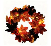 Warmiehomy 35cm Artificial Halloween Autumn Door Wreath with LED Light, Hanging Wall Window Front Door Wreath Garland for Home Party Decoration with Maple Leaves Berries Rattan (without hanger)