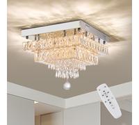 Warmiehomy 35cm Dimmable Crystal Chandeliers Ceiling Light, Modern Flush Crystal Ceiling Light, 40W,Square LED Crystal Chandelier with Clear K9 Crystals & Remote for Living Room Bedroom Hallway