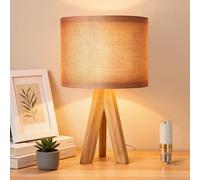 Warmiehomy 37cm Wooden Bedside Table Lamp, Modern Tripod Table lamp with Brown-Red Fabric Shade, Button Switch, 4W E27 Warm Light Bedside Lamps for Bedroom, Living Room, Study, Office (Bulb Included)