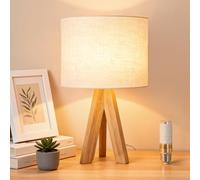 Warmiehomy 37cm Wooden Table Lamp, Modern Simple Tripod Bedside Lamps with Beige Fabric Shade, Button Switch, 4W E27 Warm Light Lamp for Living Room, Bedroom, Bed Side Lounge (Bulb Included)