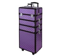 Warmiehomy 4 in 1 Aluminum Professional Makeup Trolley Vanity Case for Artists Beautician Extra Large Travel Jewellery Box Train Case w/ 2 Wheels (Diamond Purple)