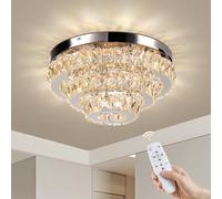 Warmiehomy 42cm Modern Crystal Chandelier,Dimmable LED Ceiling Light with Remote Control,42W,Round Flush Mount 3 Layers K9 Crystal Ceiling Light for Bedroom Living Room Hallway Kitchen