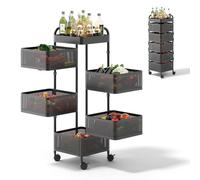 Warmiehomy 5 Tier Square Rotating Storage Rack, Kitchen Trolley Storage, Movable and Detachable Vegetable Storage Rack with 360° Wheels, Perfect for Pantry, Bathroom, or Living Room, Black, 26×26×85cm