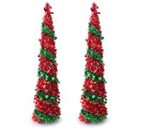 Warmiehomy 5ft/150cm Artificial Collapsible Pop up Christmas Tree | Glittering Pencil Christmas Trees with Sequin, Christmas Decorations Tinsel Tree for Home, Store, Office, Red & Green, 2pcs