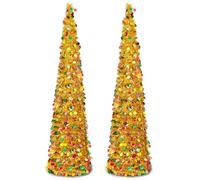 Warmiehomy 5ft/150cm Artificial Collapsible Pop up Christmas Tree | Glittering Pencil Christmas Trees with Sequin, Christmas Decorations Tinsel Tree for Home, Store, Office, Gold, 2pcs