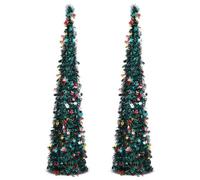 Warmiehomy 5ft/150cm Artificial Collapsible Pop up Christmas Tree | Glittering Pencil Christmas Trees with Sequin, Christmas Decorations Tinsel Tree for Home, Store, Office, Dark Green, 2pcs