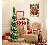 Warmiehomy 5ft/150cm Artificial Collapsible Pop up Christmas Tree | Glittering Pencil Christmas Trees with Sequin, Christmas Decorations Tinsel Tree for Home, Store, Office, Green&Silver, 1pcs
